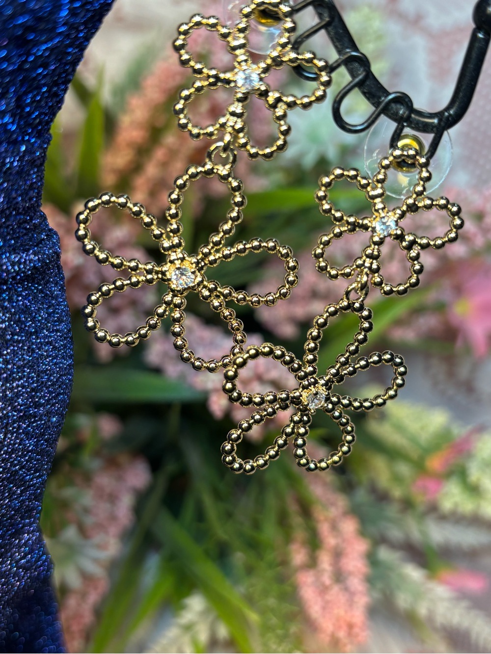 Double Daisy Gold Floral Drop Earrings - Crystal Accent Long Light Weight 2โ - Picture 7 of 8